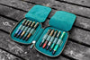 Galen Leather Pen Case Zippered 10 Slots in Crazy Forest Green Pen Case