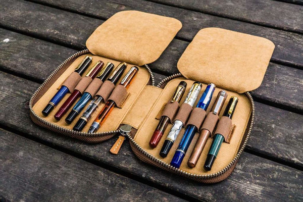 Galen Leather Pen Case Zippered 10 Slots in Crazy Horse Brown Pen Case