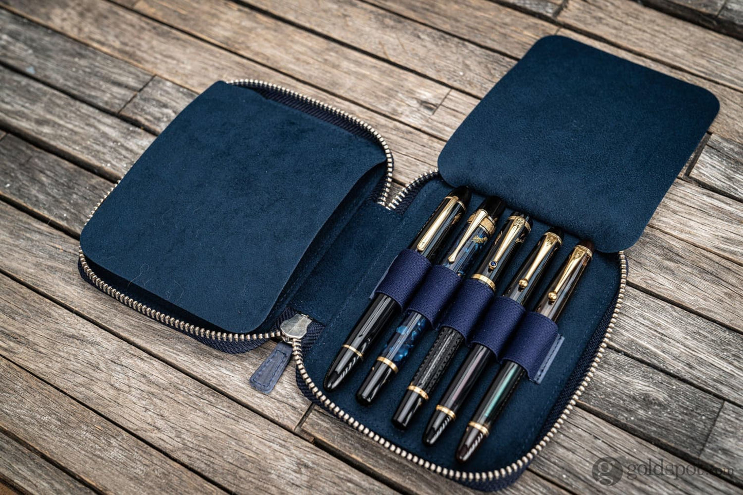 Galen Leather Pen Case Zippered 10 Slots in Crazy Horse Navy Blue Pen Case