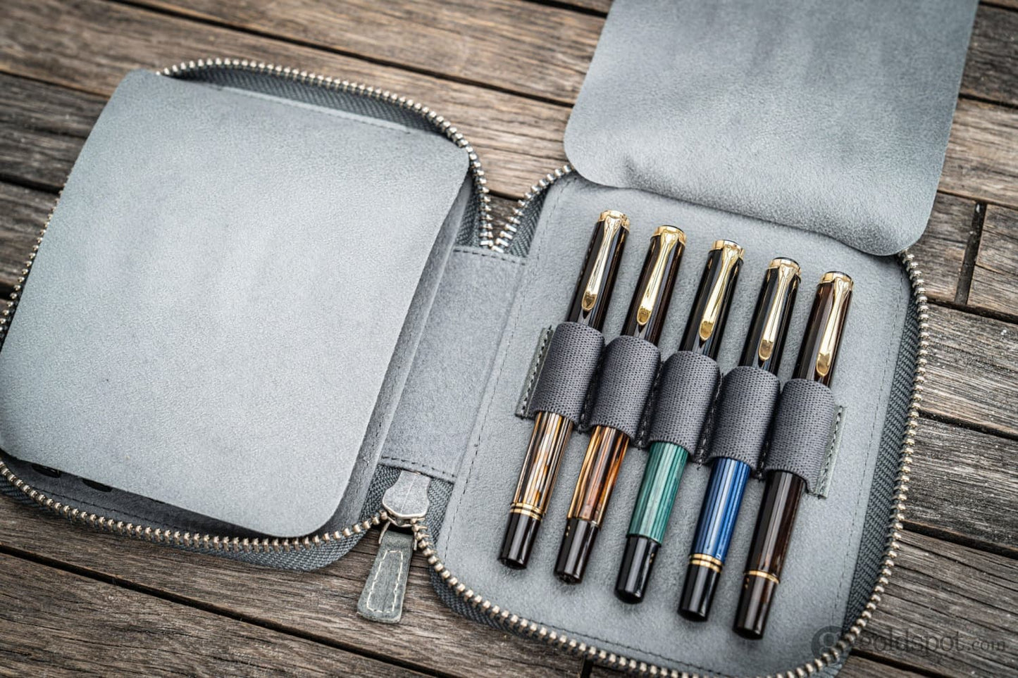 Galen Leather Pen Case Zippered 10 Slots in Crazy Horse Smokey Grey Pen Case