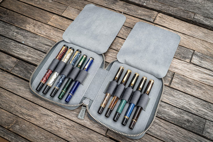 Galen Leather Pen Case Zippered 10 Slots in Crazy Horse Smokey Grey Pen Case