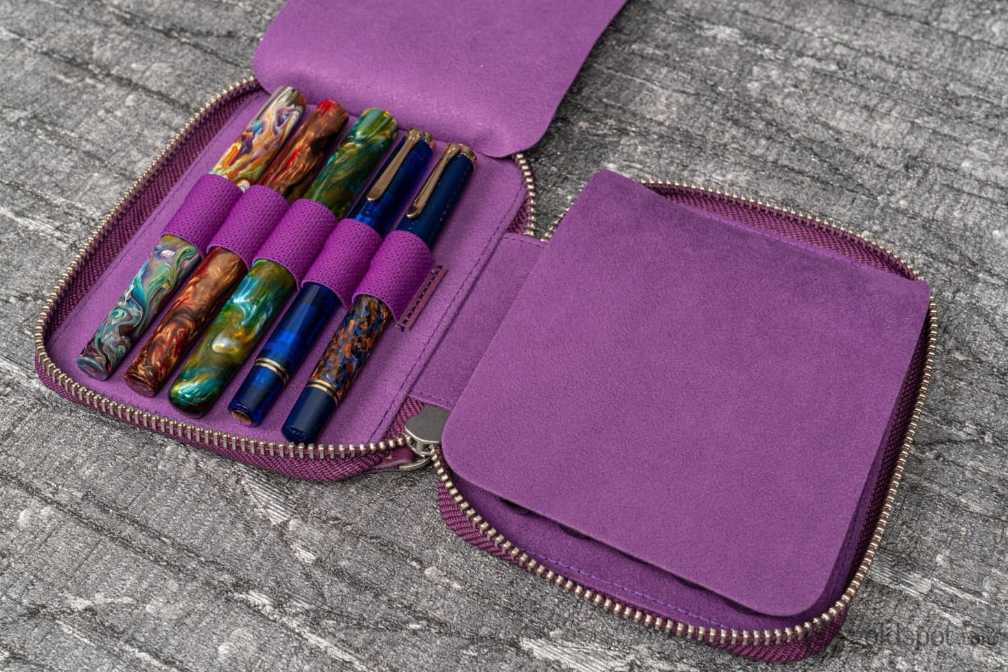 Galen Leather Pen Case Zippered 10 Slots in Purple Pen Case