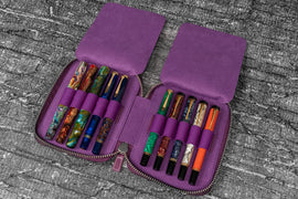 Galen Leather Pen Case Zippered 10 Slots in Purple