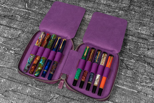 Galen Leather Pen Case Zippered 10 Slots in Purple
