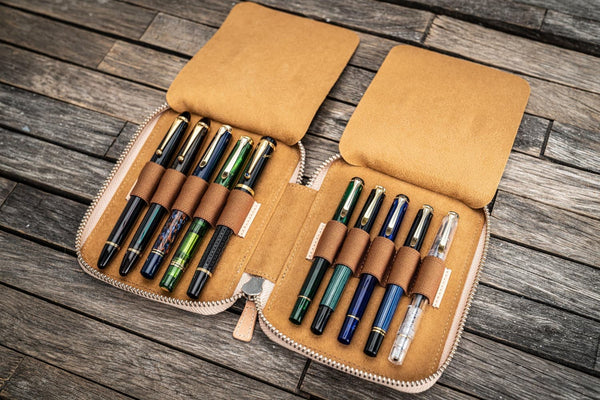 Galen Leather Pen Case Zippered 10 Slots in Undyed Leather Pen Case