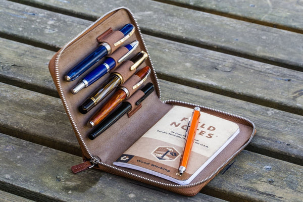 Galen Leather Pen Case Zippered 5 Slots in Brown Pen Case