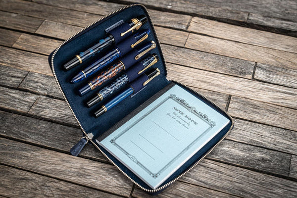 Galen Leather Pen Case Zippered 5 Slots in Crazy Horse Navy Blue Pen Case