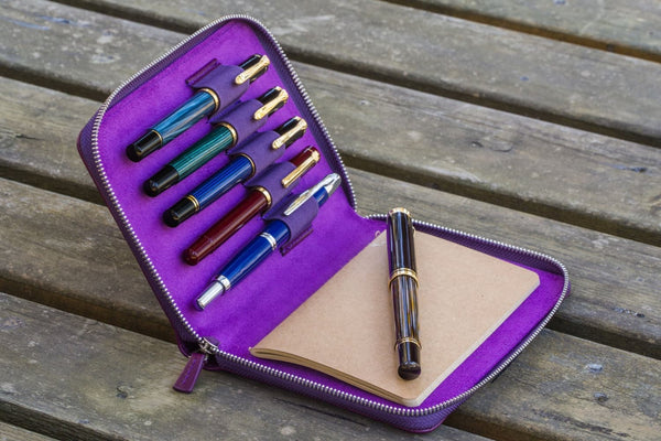 Galen Leather Pen Case Zippered 5 Slots in Purple Pen Case