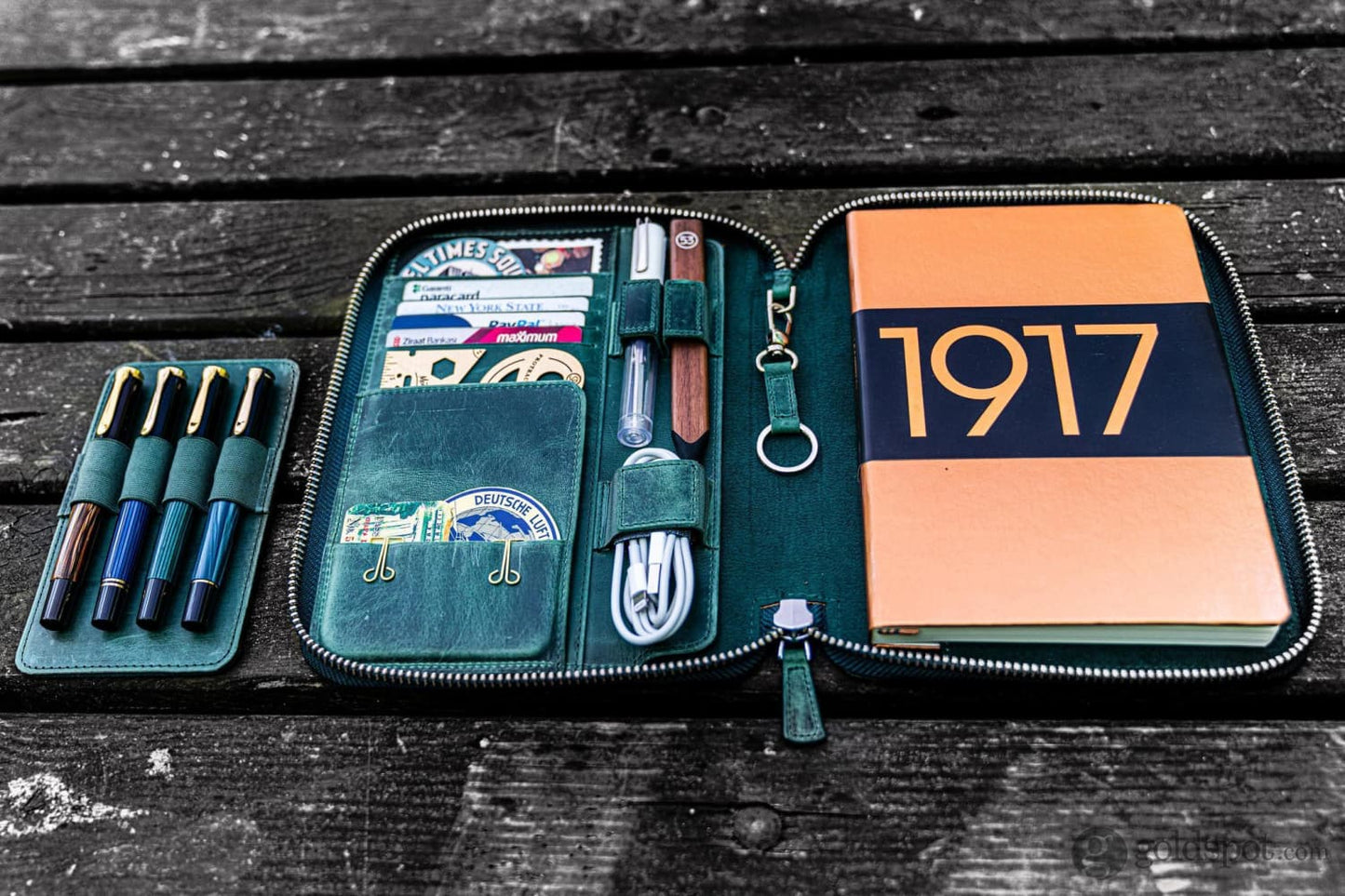 Galen Leather Zippered A5 Notebook Folio in Crazy Horse Forest Green Pen Case