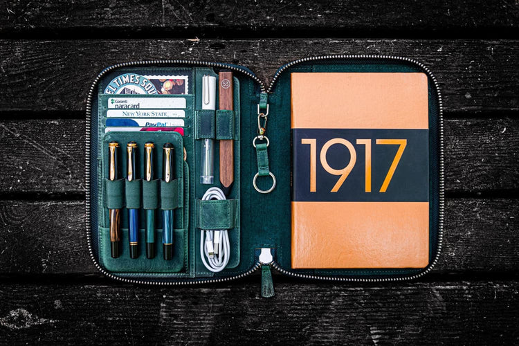 Galen Leather Zippered A5 Notebook Folio in Crazy Horse Forest Green Pen Case