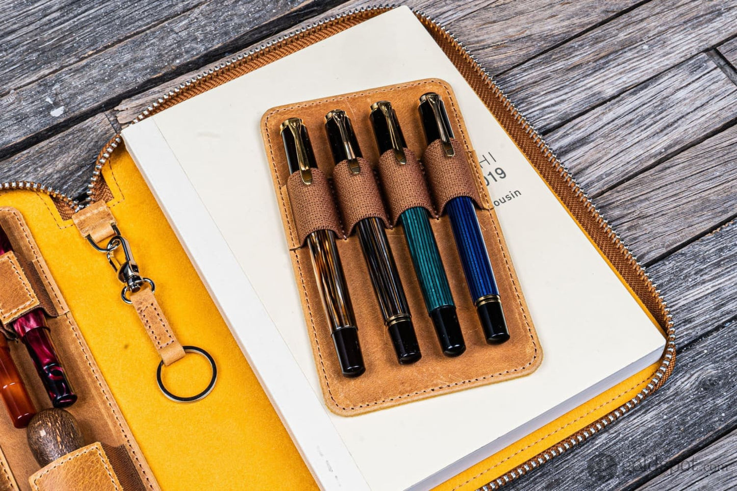 Galen Leather Zippered A5 Notebook Folio in Crazy Horse Honey Ochre Pen Case