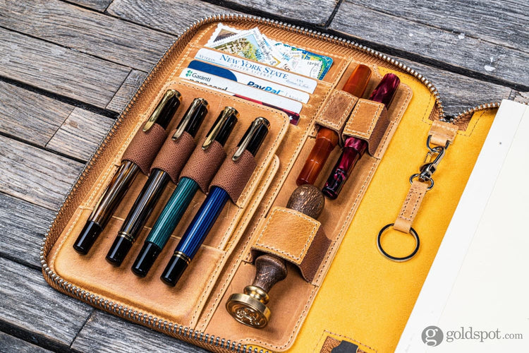 Galen Leather Zippered A5 Notebook Folio in Crazy Horse Honey Ochre Pen Case