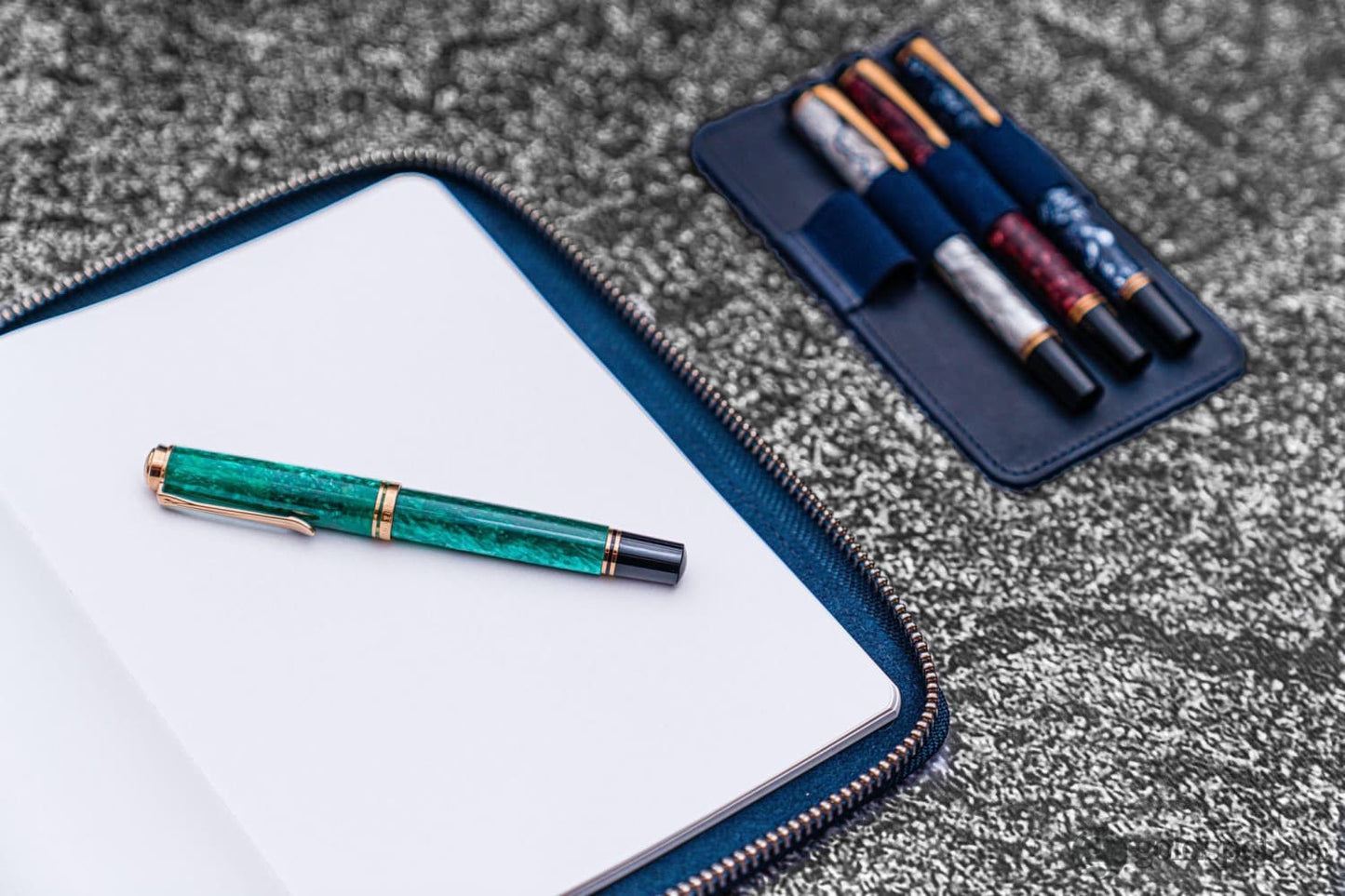 Galen Leather Zippered A5 Notebook Folio in Crazy Horse Navy Blue Pen Case