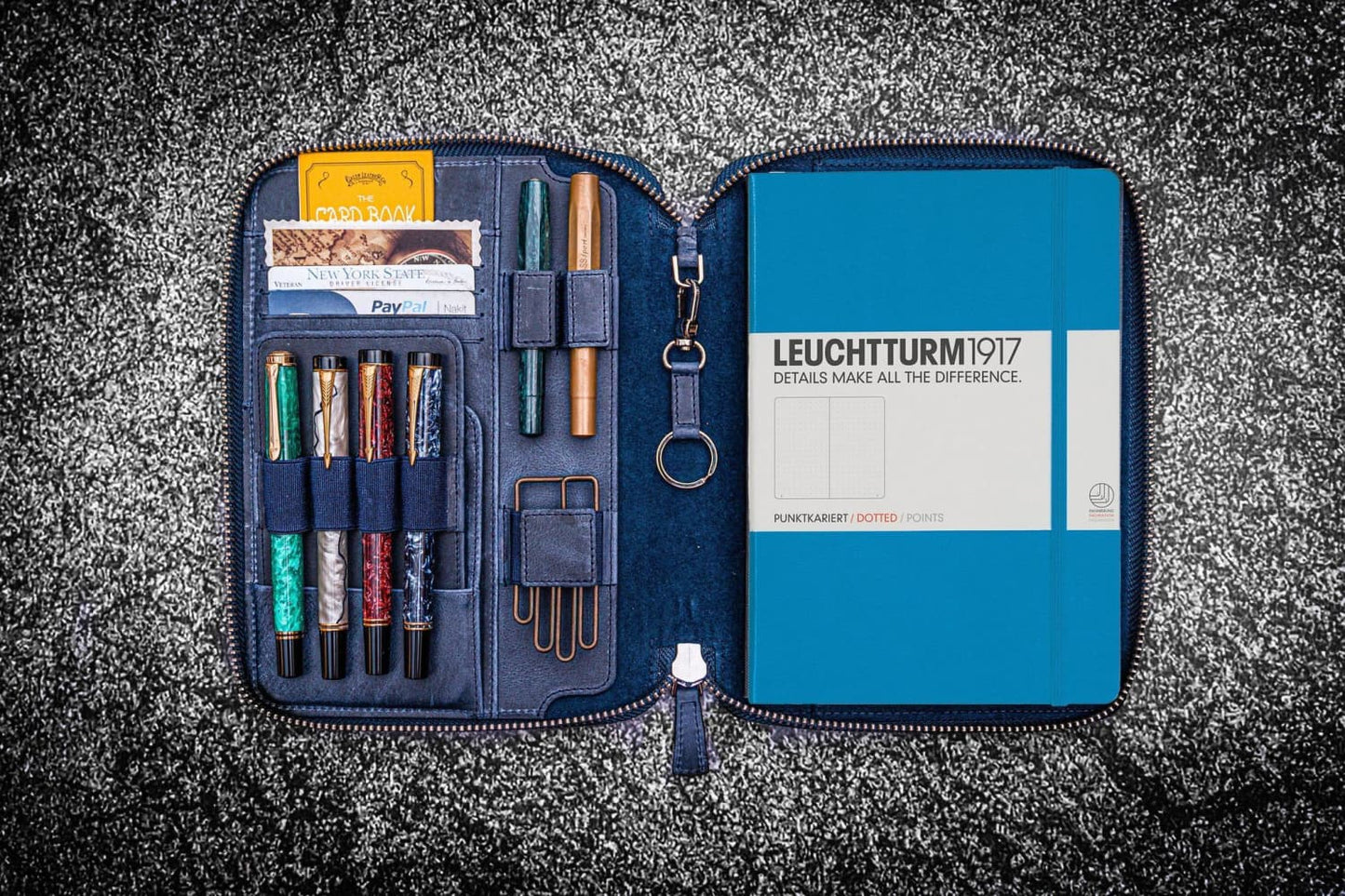 Galen Leather Zippered A5 Notebook Folio in Crazy Horse Navy Blue Pen Case