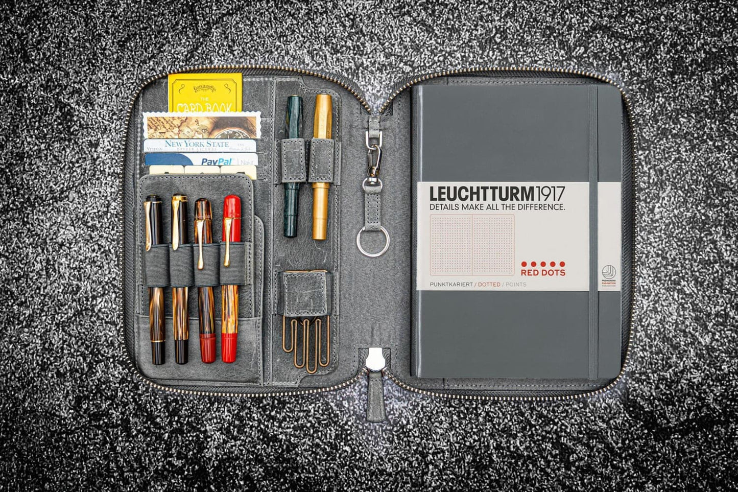 Galen Leather Zippered A5 Notebook Folio in Crazy Horse Smoky Grey Pen Case