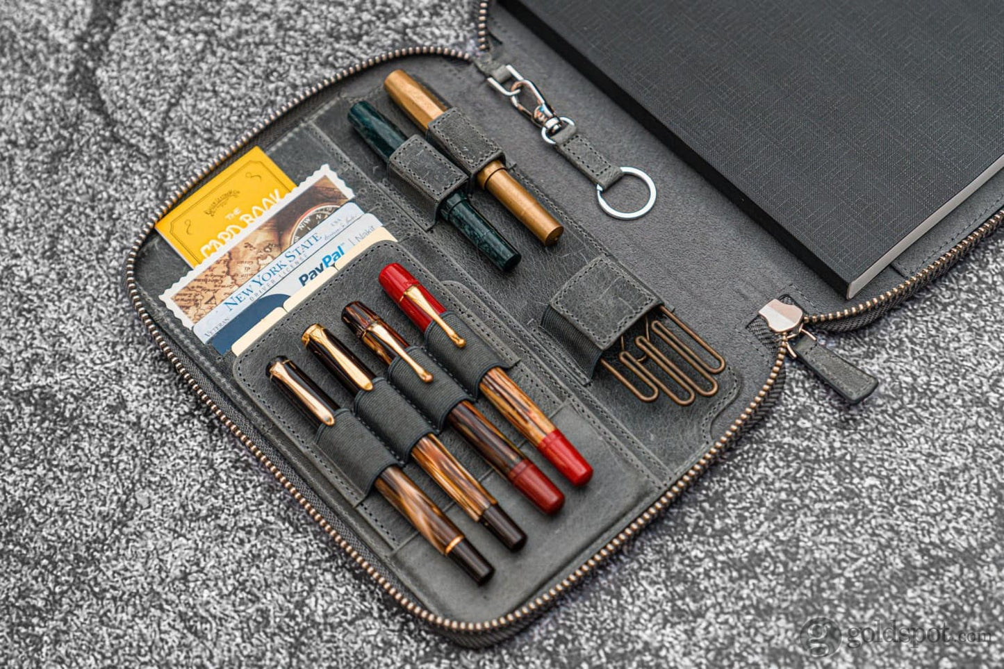 Galen Leather Zippered A5 Notebook Folio in Crazy Horse Smoky Grey Pen Case