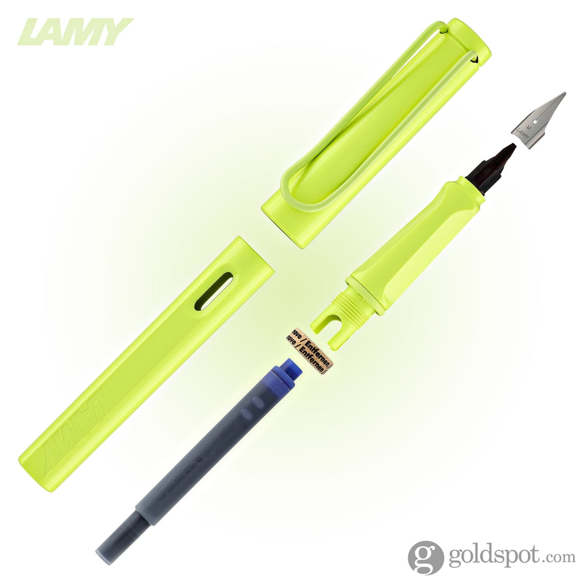 Lamy Safari Neon Lime Fountain Pen - Fine Nib (L43F), German Made, Black Ink