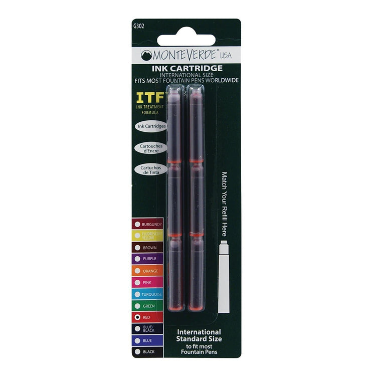 Monteverde Ink Cartridges International Size in Red - Pack of 6 Fountain Pen Cartridges