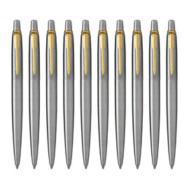 Parker Jotter Ballpoint Pen in Stainless Steel with Gold Trim - Pack of 10