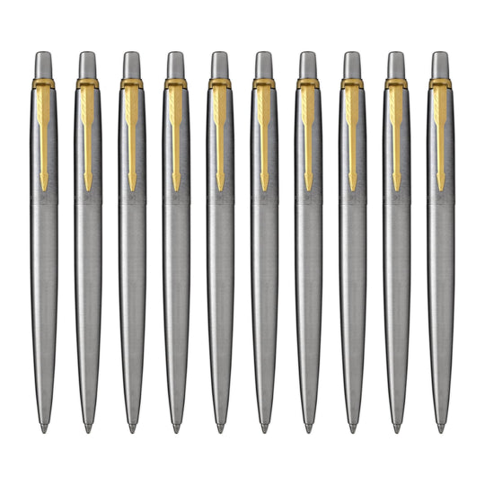 Parker Jotter Ballpoint Pen in Stainless Steel with Gold Trim - Pack of 10