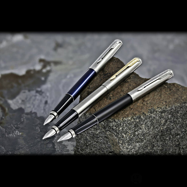 Parker Jotter Fountain Pen, Stainless Steel, Medium Nib Blue Ink
