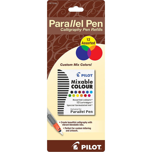 Pilot Calligraphy Parallel Pen Ink Cartridges in Assorted Colors - Pack of 12 Fountain Pen Cartridges