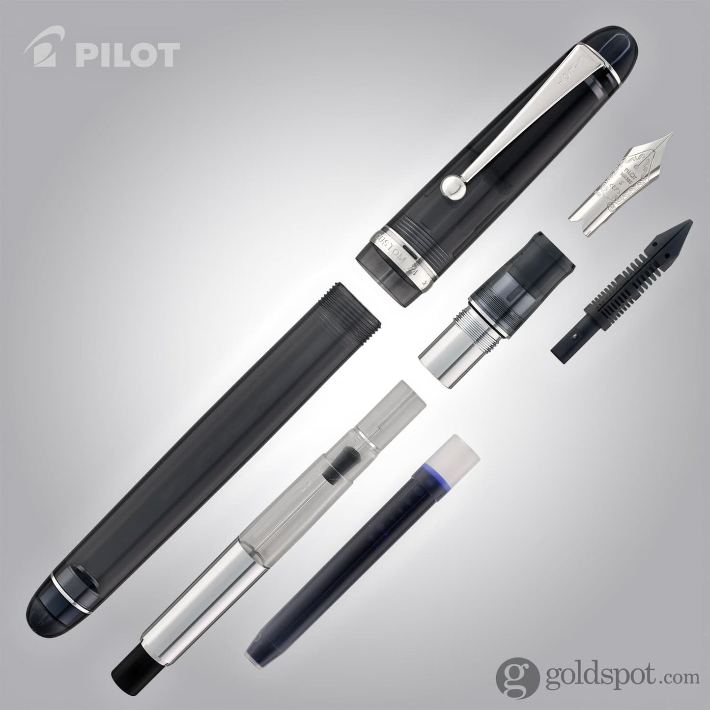 Pilot Custom 74 Fountain Pen in Smokey Black with Silver Trim - 14K Gold Fountain Pen