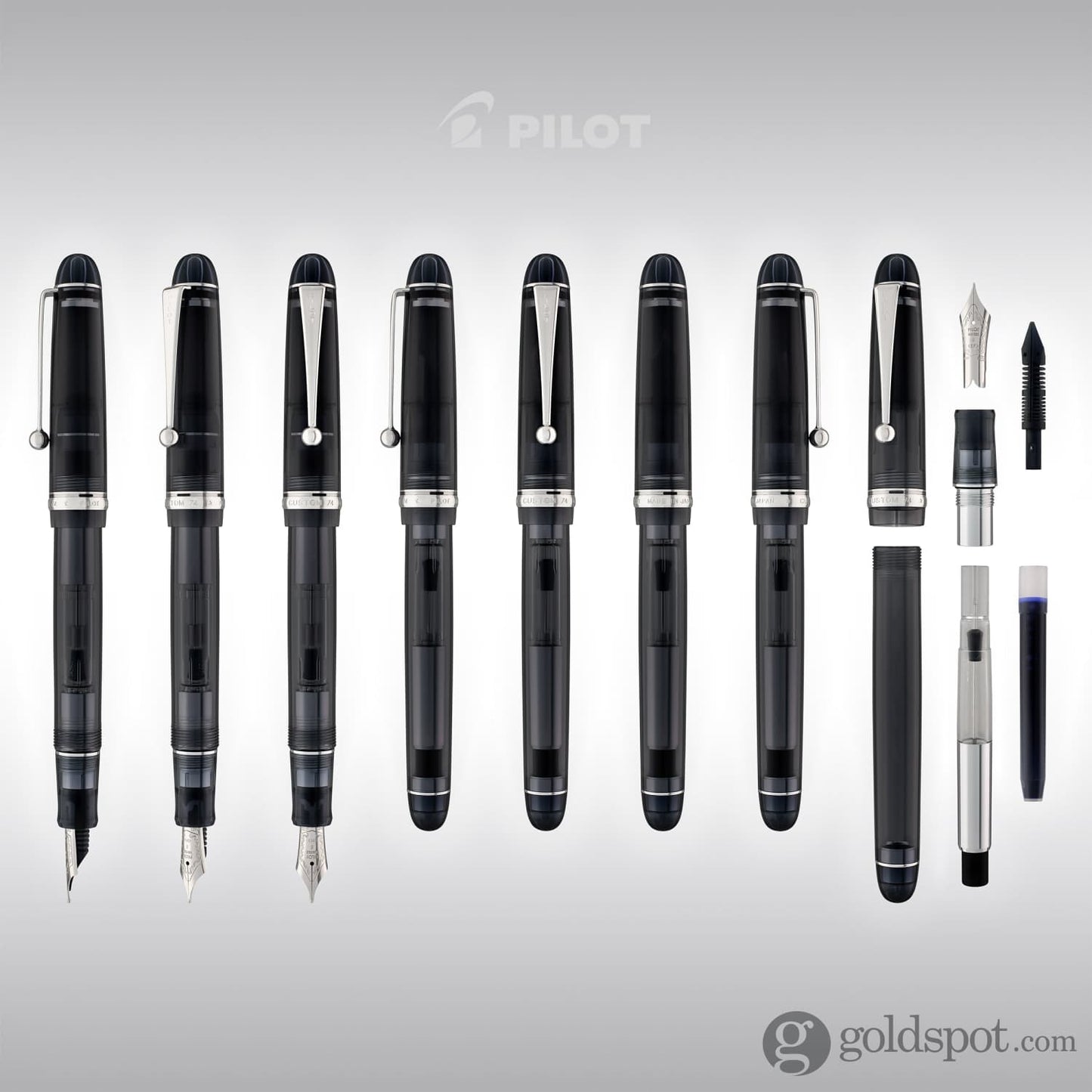 Pilot Custom 74 Fountain Pen in Smokey Black with Silver Trim - 14K Gold Fountain Pen