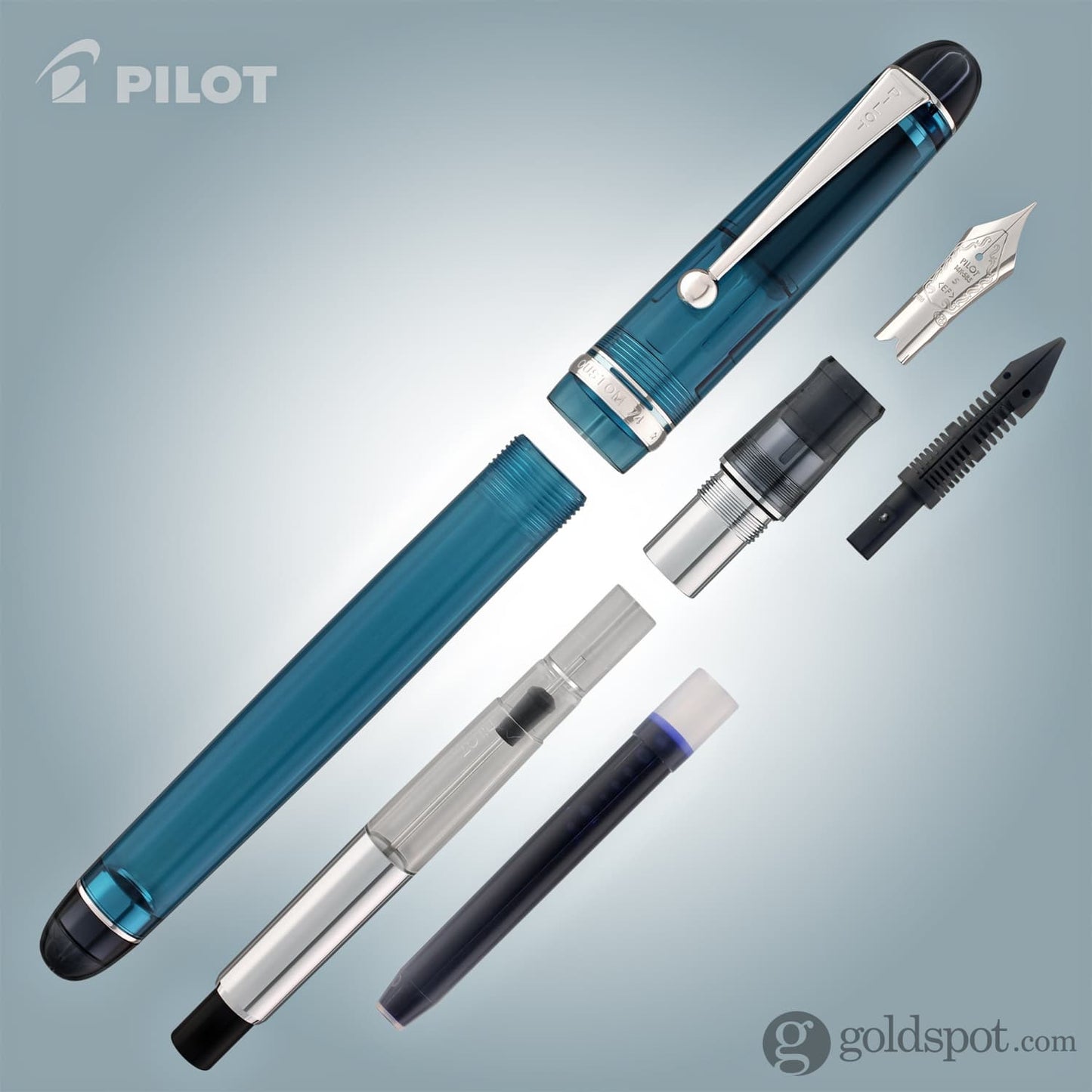 Pilot Custom 74 Fountain Pen in Teal with Silver Trim - 14K Gold Fountain Pen