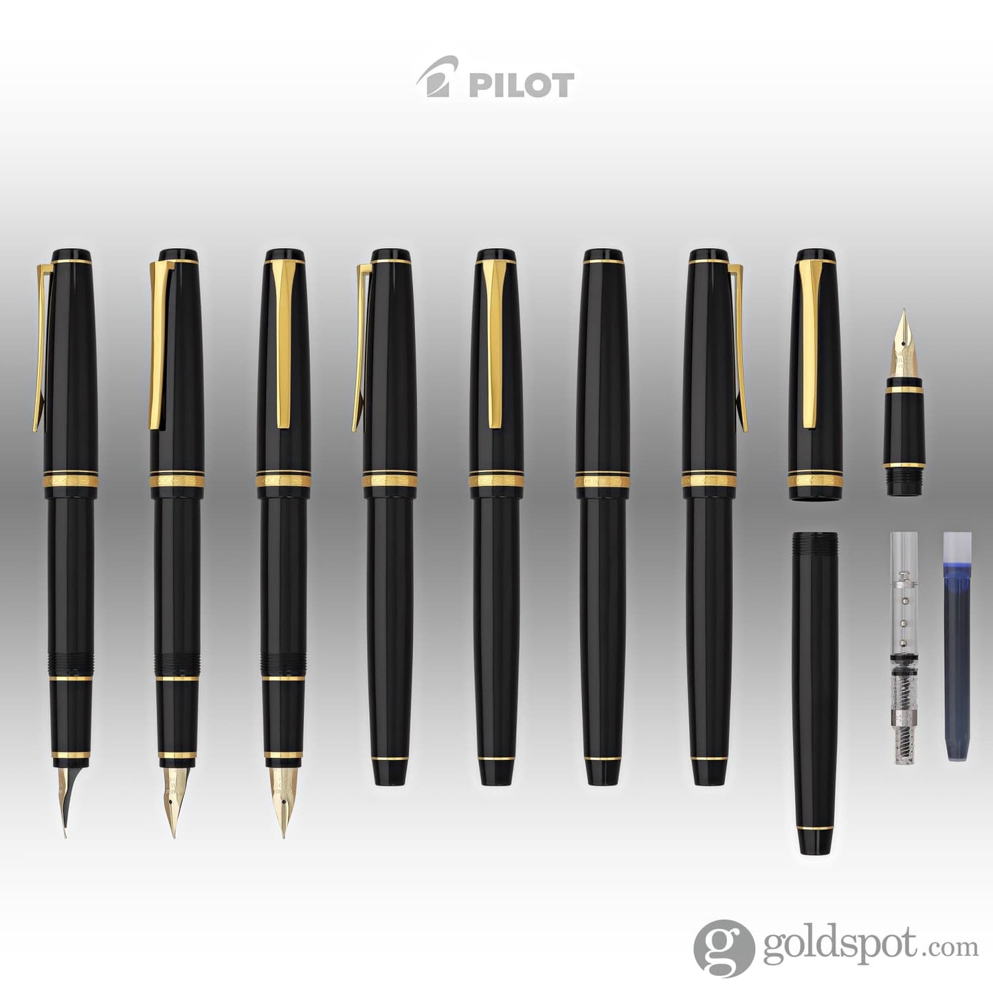 Pilot Falcon Fountain Pen in Black & Gold - Soft Flexible Fountain Pen