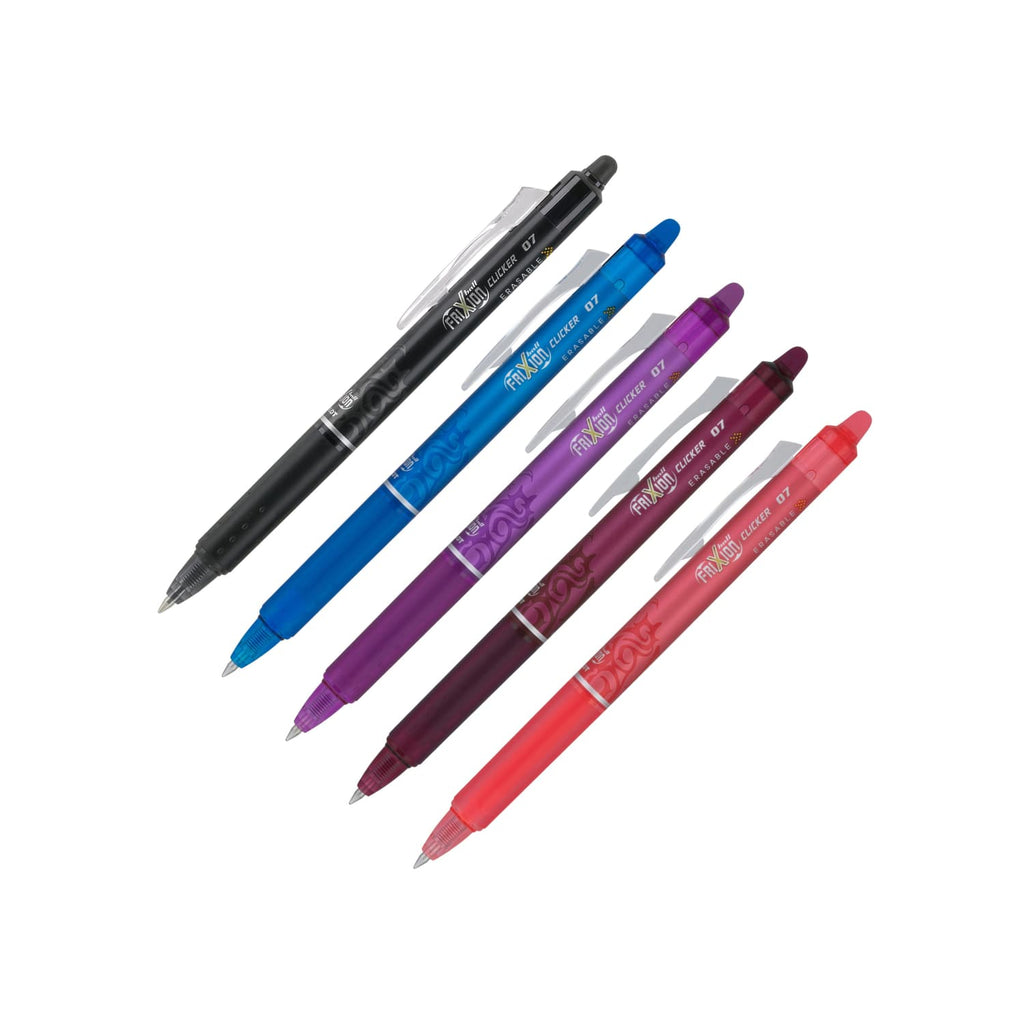 Pilot FriXion Clicker Erasable Gel Pens in Black Marine Blue Lavender Burgundy & Salmon Pink - Fine Point - Pack of 5 Gel Pen