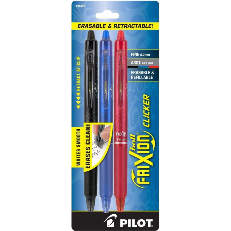 Pilot FriXion Clicker Erasable Gel Pens in Black Blue & Red - Fine Point - Pack of 3 Gel Pen