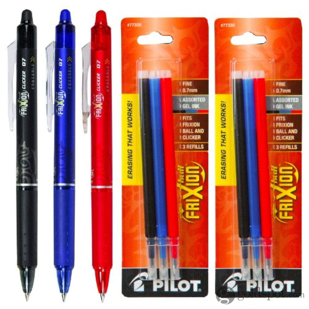 Pilot FriXion Clicker Erasable Gel Pens in Black Blue & Red - Fine Point - Pack of 3 3 Pack + 2 Refills Gel Pen