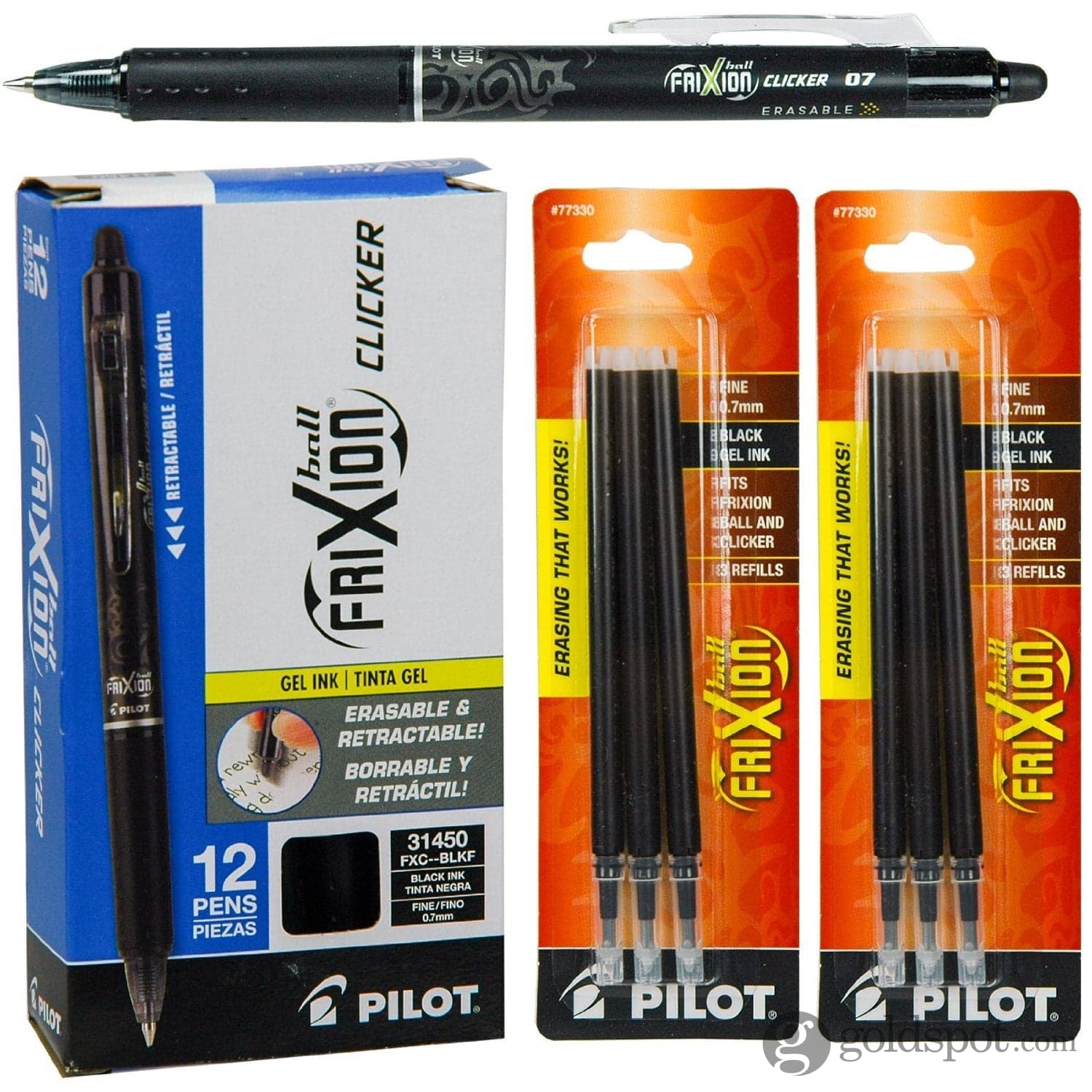 Pilot FriXion Clicker Retractable Erasable Rollerball, 0.7 mm Tip - Black/Blue/Red, Pack of 3