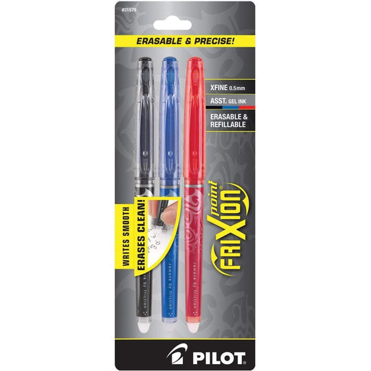 Pilot Frixion Point Erasable Gel Pen in Black, Blue & Red - Extra Fine Point - Pack of 3
