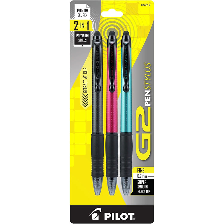Pilot G2 Gel Pen wit Stylus - Fine Black Ink (Gray Red Turquoise Barrels) Gel Pen