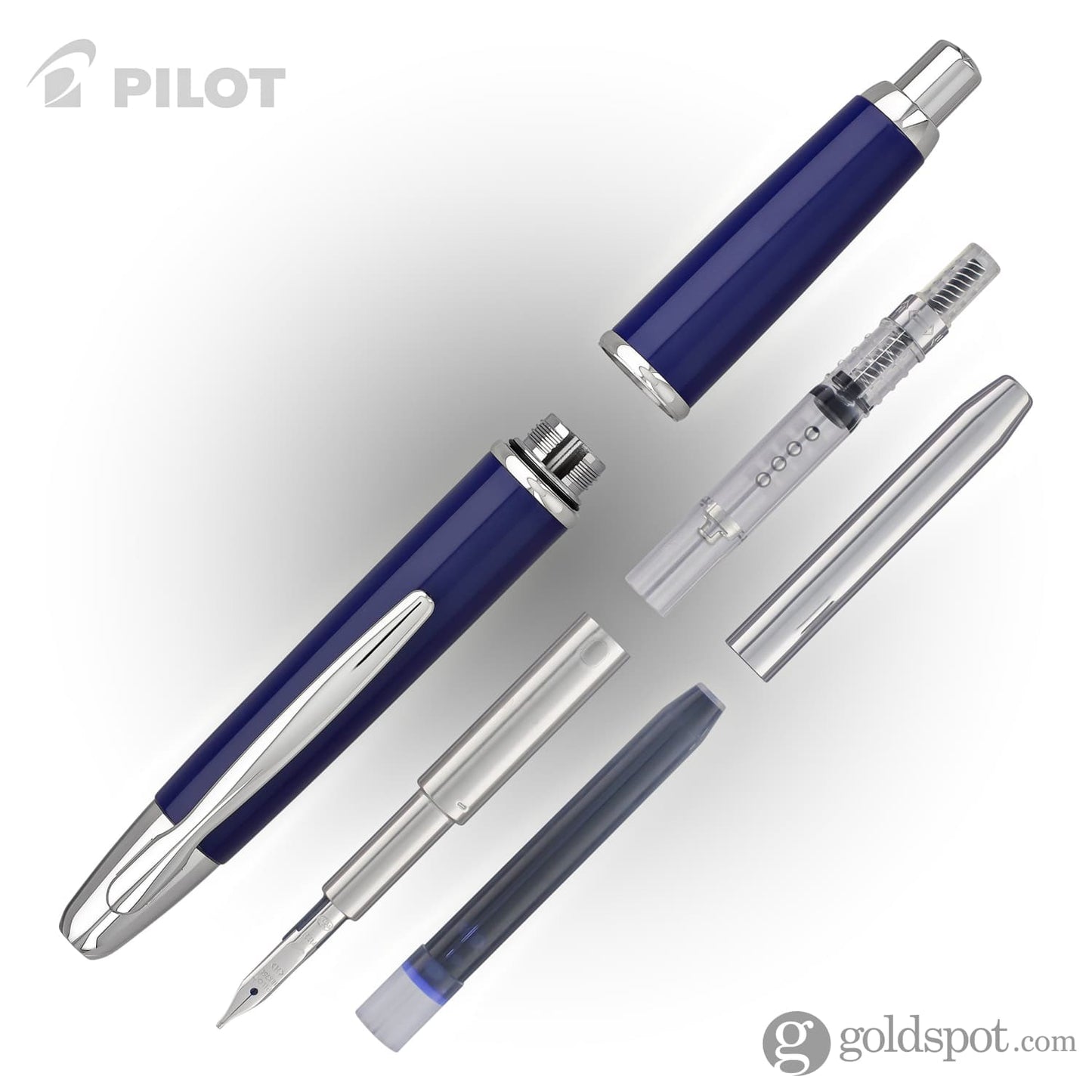 Pilot Vanishing Point Fountain Pen in Blue & Rhodium - 18K Gold Fountain Pen