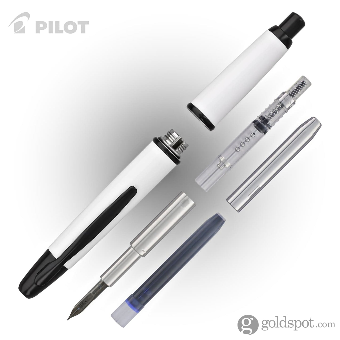 Pilot Vanishing Point Fountain Pen in Shiny White & Black Accents - 18K Gold Stub Nib Fountain Pen