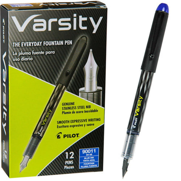 Pilot Varsity Disposable Fountain Pen in Black with Blue Ink - Pack of 12 Fountain Pen