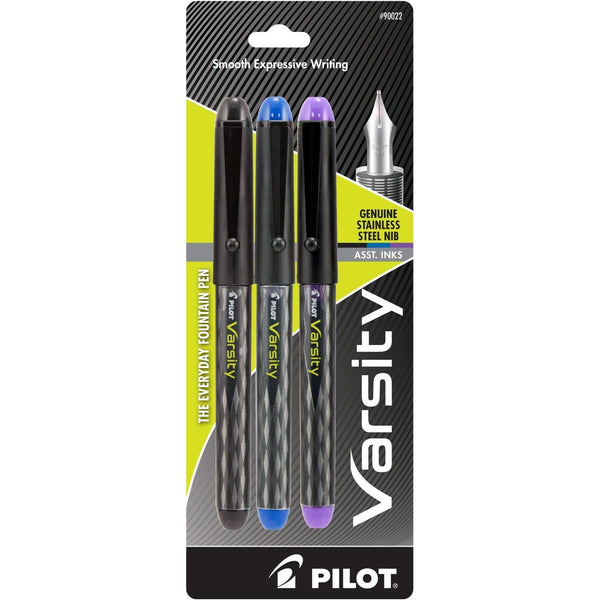Pilot Varsity Disposable Fountain Pen in Black with Black Blue & Purple Ink - Pack of 3 Fountain Pen