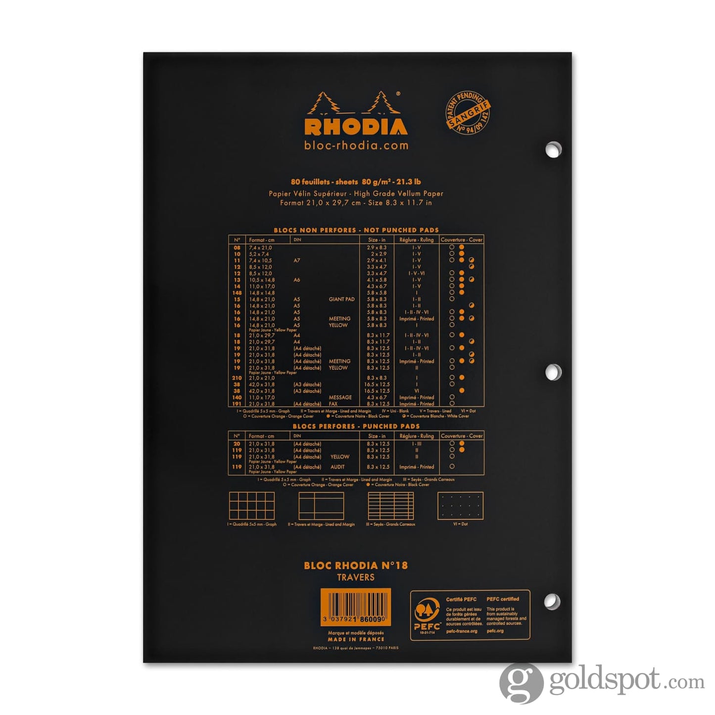 Rhodia No. 18 Lined Staplebound with 3 Hole Punch 8.25 x 11.75 in Black Notebook