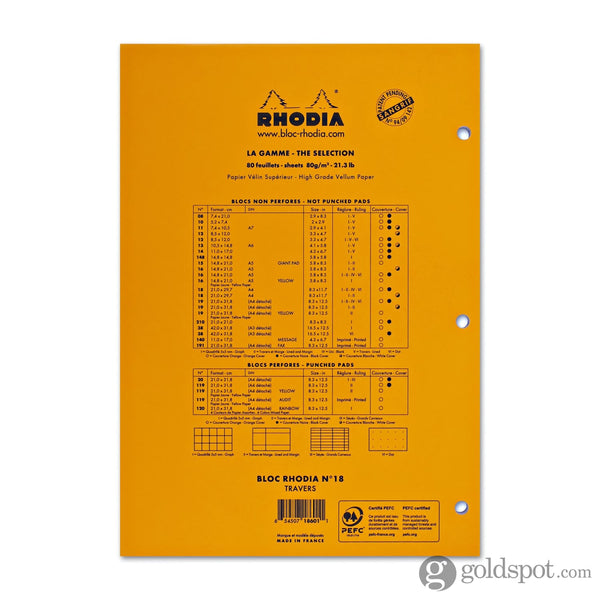 Rhodia No. 18 Lined Staplebound with 3 Hole Punch 8.25 x 11.75 in Orange Notepad