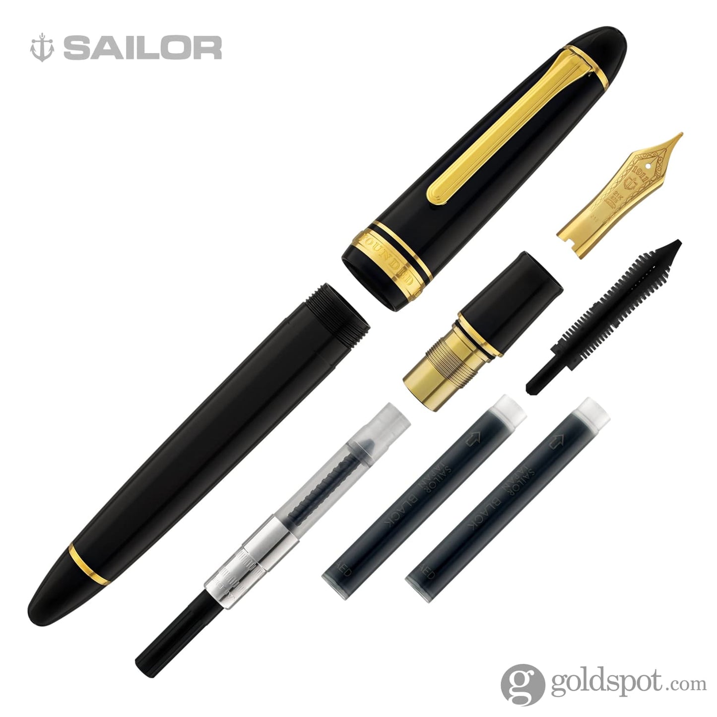 Sailor 1911 Large Fountain Pen in Black with Gold Trim - 21K Gold Fountain Pen