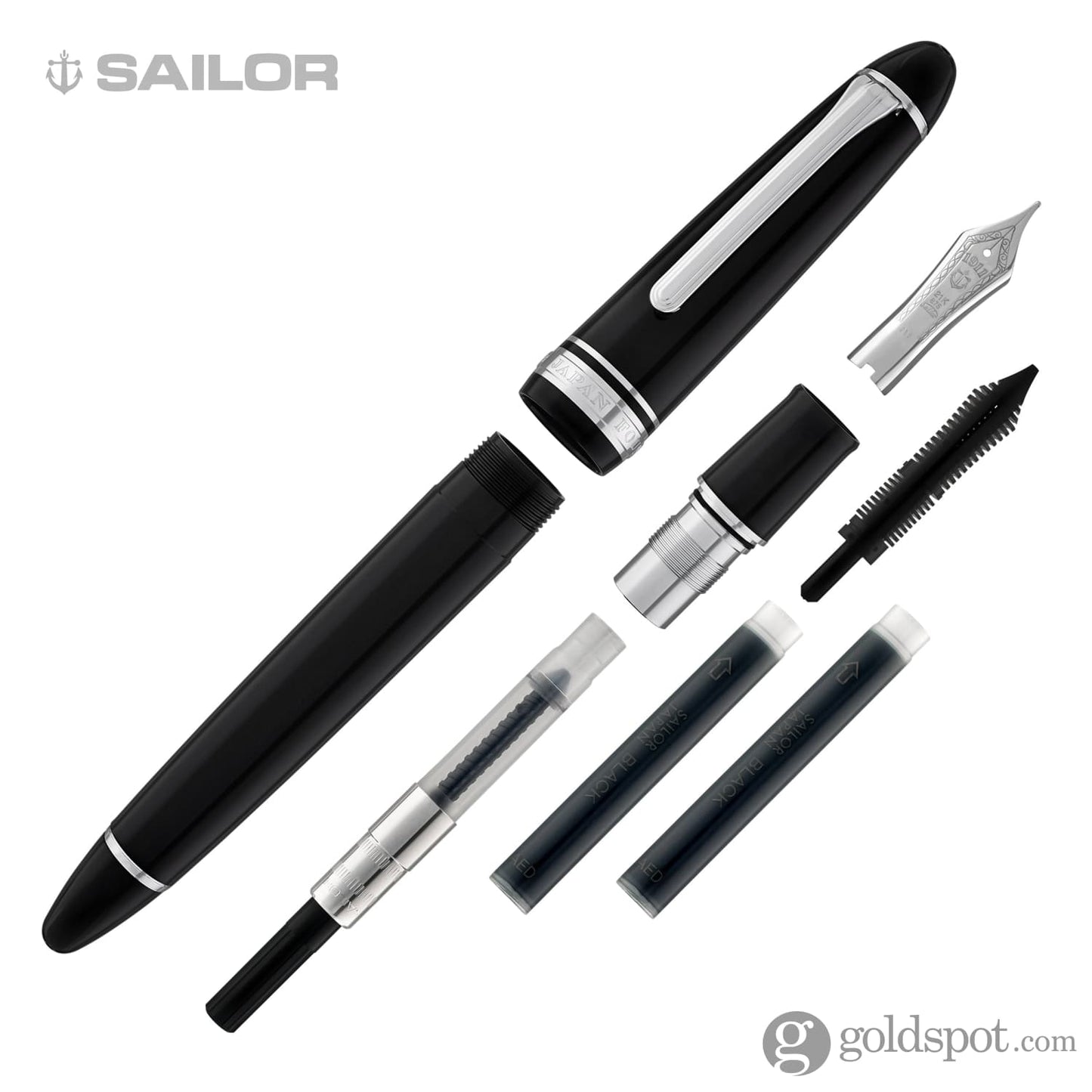 Sailor 1911 Large Fountain Pen in Black with Silver Trim - 21K Gold Fountain Pen