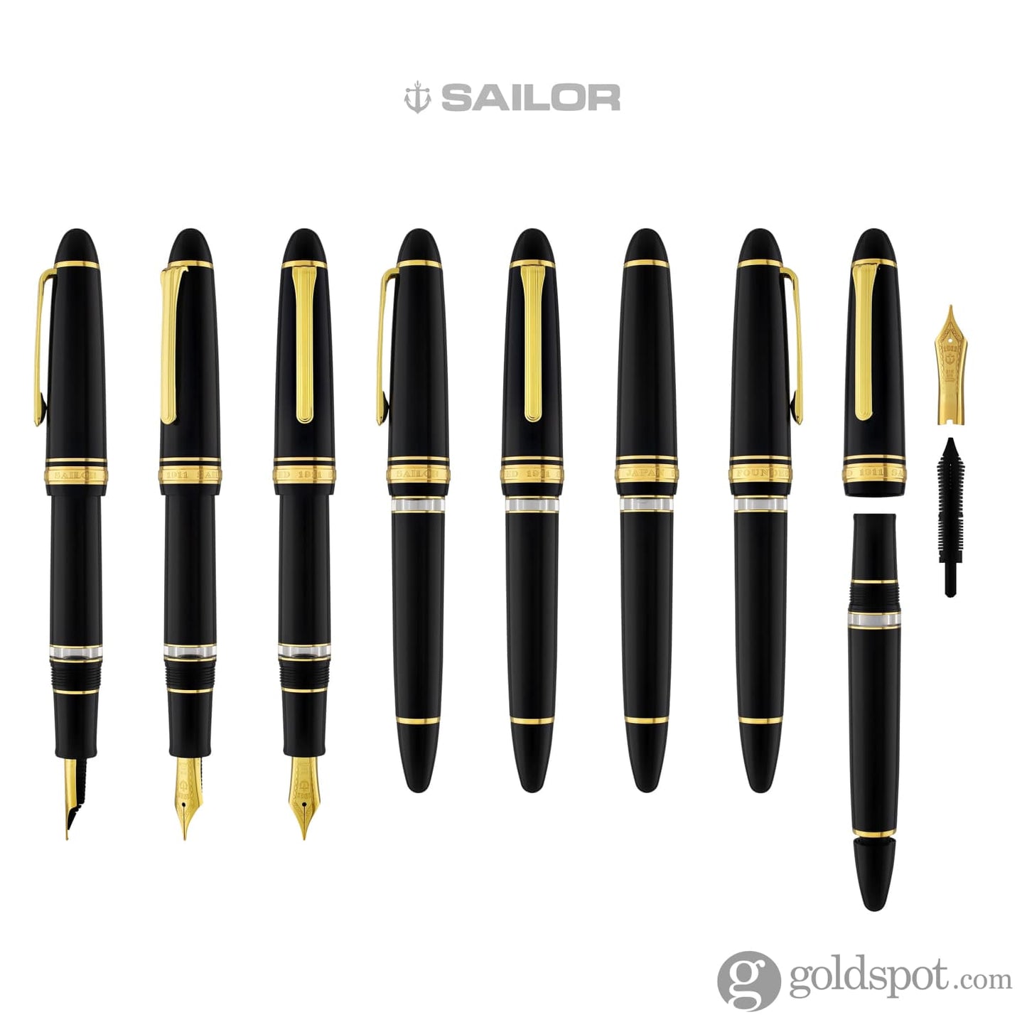 Sailor 1911 Large Realo Fountain Pen in Black with Gold Trim - 21K Gold Fountain Pen